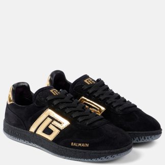 buy designer Balmain Swan leather-trimmed suede sneakers in black