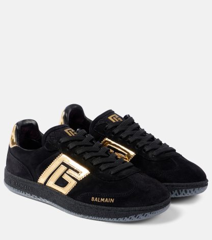 buy designer Balmain Swan leather-trimmed suede sneakers in black