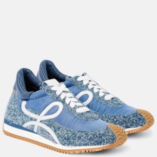 buy designer Loewe Flow Runner suede-trimmed denim sneakers in blue