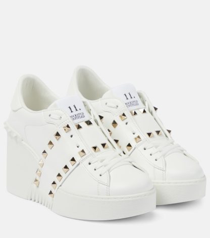 buy designer Valentino Garavani Open Disco leather wedge sneakers in white