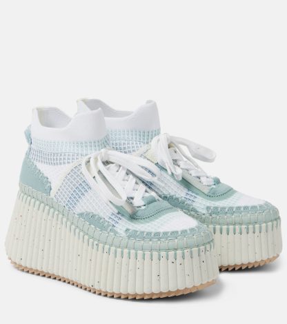 buy luxury Chloé Nama 80 suede-trimmed wedge sneakers in blue