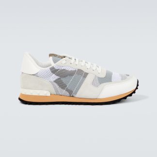 buy luxury Valentino Garavani Rockrunner leather-trimmed sneakers in white