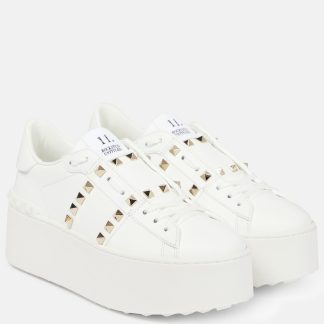 buy luxury Valentino Garavani Rockstud Untitled leather platform sneakers in white