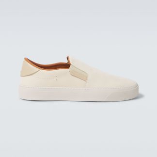 counterfeit designer Moncler Monclub leather slip-on shoes in beige