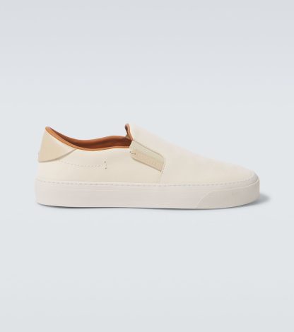 counterfeit designer Moncler Monclub leather slip-on shoes in beige