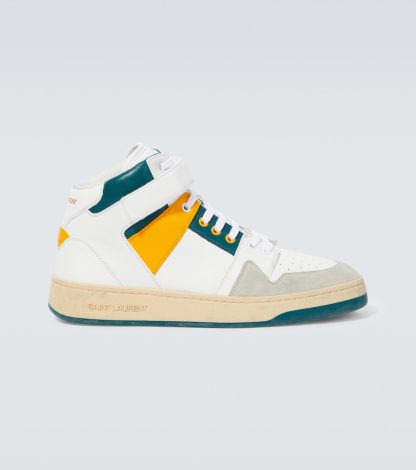 counterfeit designer Saint Laurent Lax suede-trimmed leather sneakers in multicoloured