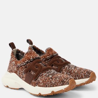 fake luxury Tods Knitted leather-trimmed sneakers in brown