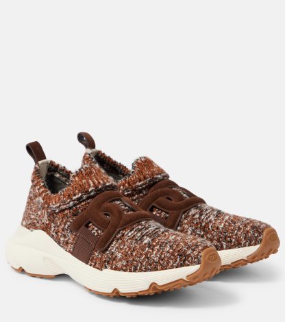 fake luxury Tods Knitted leather-trimmed sneakers in brown