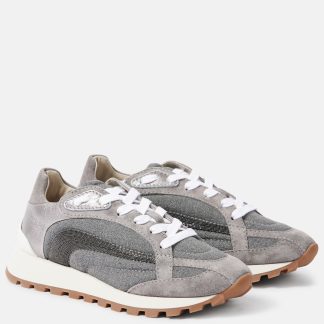 fashion designer Brunello Cucinelli Monili-embellished leather-trimmed sneakers in grey