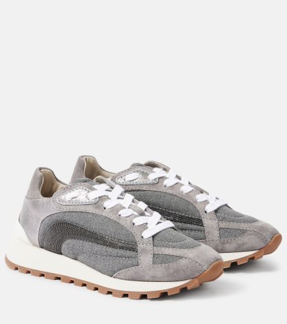 fashion designer Brunello Cucinelli Monili-embellished leather-trimmed sneakers in grey