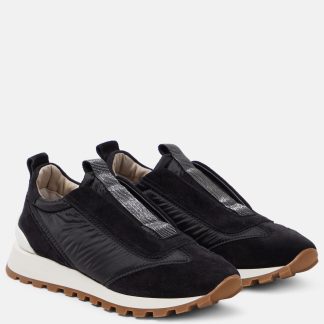 fashion luxury Brunello Cucinelli Embellished suede-paneled sneakers in black