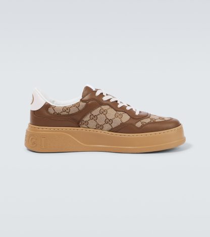 fashion luxury Gucci GG leather-trimmed canvas sneakers in brown