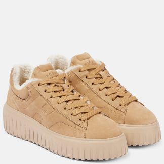 fashion luxury Hogan H-Stripes shearling-lined suede sneakers in beige