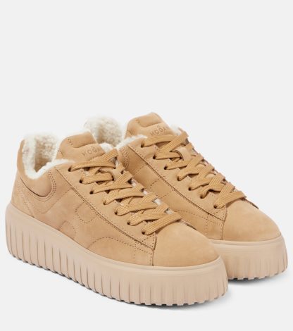 fashion luxury Hogan H-Stripes shearling-lined suede sneakers in beige