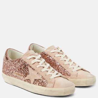 high quality designer Golden Goose Super-Star glitter suede-trimmed sneakers in pink