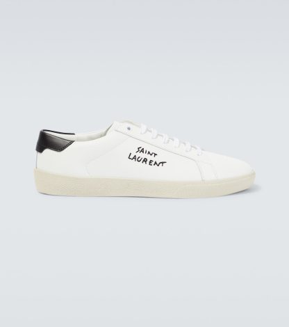 high quality designer Saint Laurent Logo embroidered leather sneakers in white