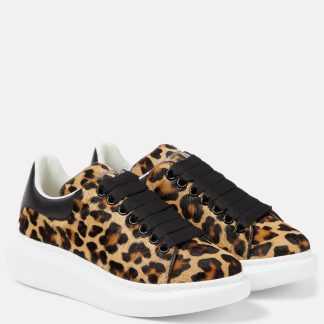 high quality luxury Alexander McQueen Oversized leopard-print leather sneakers in black