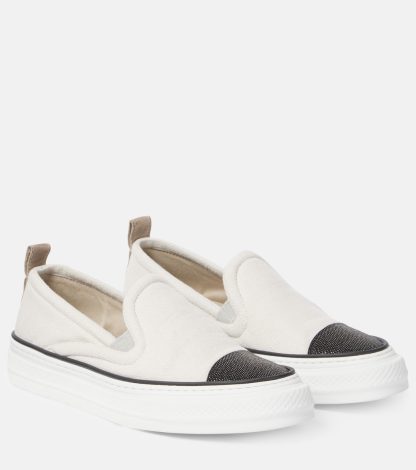 high quality luxury Brunello Cucinelli Monili-embellished slip-on sneakers in white