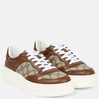 high quality luxury Gucci GG Supreme canvas leather-trimmed sneakers in brown