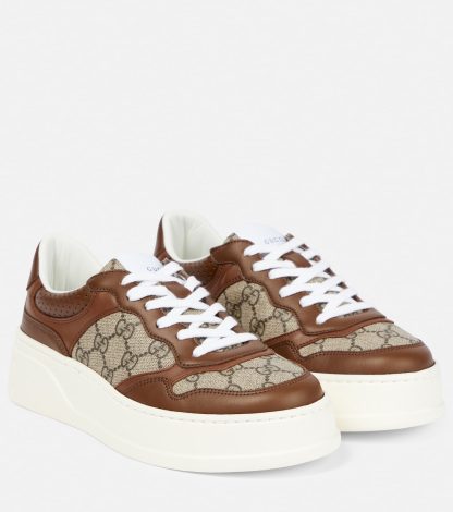 high quality luxury Gucci GG Supreme canvas leather-trimmed sneakers in brown