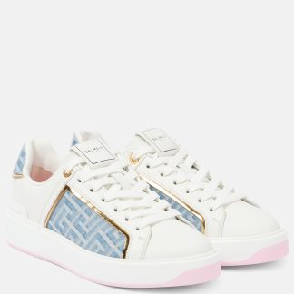 hot sale designer Balmain B-Court denim-trimmed leather sneakers in white