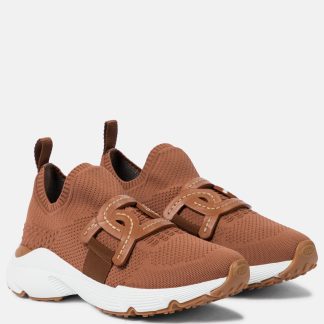 hot sale designer Tods Leather-trimmed knit sneakers in brown