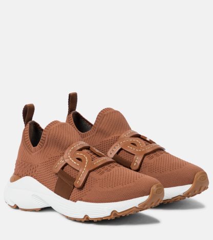 hot sale designer Tods Leather-trimmed knit sneakers in brown