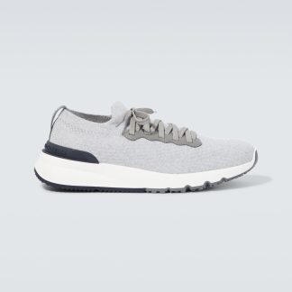 hot sale luxury Brunello Cucinelli Leather-trimmed knitted slip-on sneakers in grey