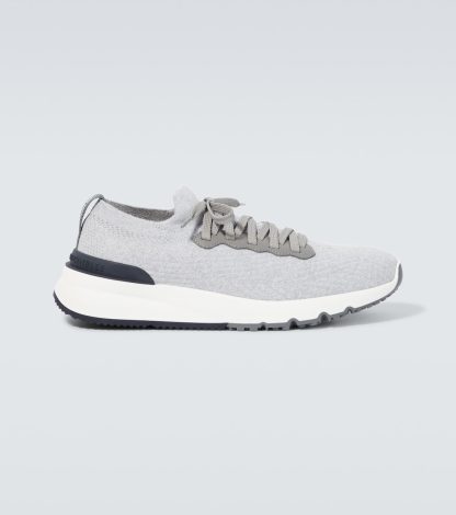 hot sale luxury Brunello Cucinelli Leather-trimmed knitted slip-on sneakers in grey