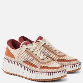 hot sale luxury Chloé Nama leather-trimmed sneakers in brown