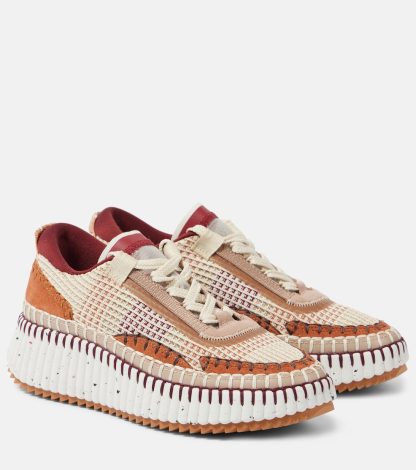 hot sale luxury Chloé Nama leather-trimmed sneakers in brown