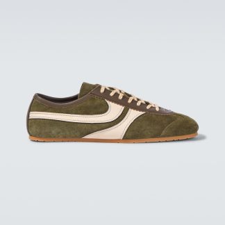 hot sale luxury Dries van Noten Leather-trimmed suede sneakers in green