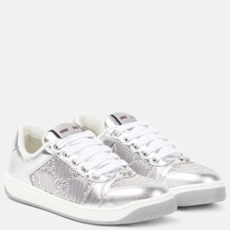 hot sale luxury Gucci Screener GG metallic leather sneakers in silver