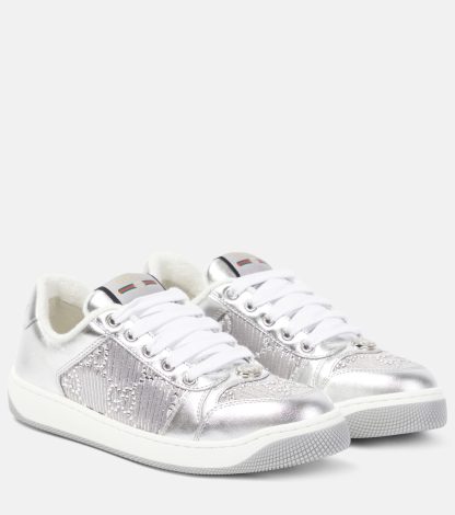 hot sale luxury Gucci Screener GG metallic leather sneakers in silver