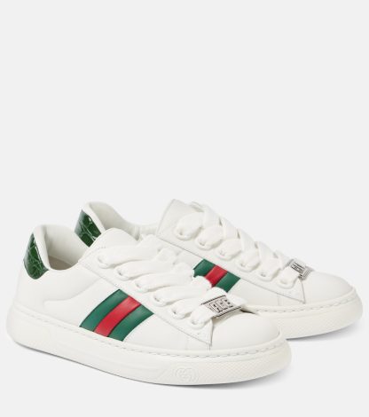 replica designer Gucci Ace Web Stripe leather sneakers in white