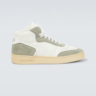 replica designer Saint Laurent SL/80 high-top leather and suede sneakers in white