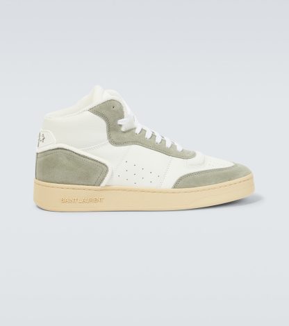 replica designer Saint Laurent SL/80 high-top leather and suede sneakers in white