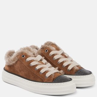 replica luxury Brunello Cucinelli Embellished suede and shearling sneakers in brown