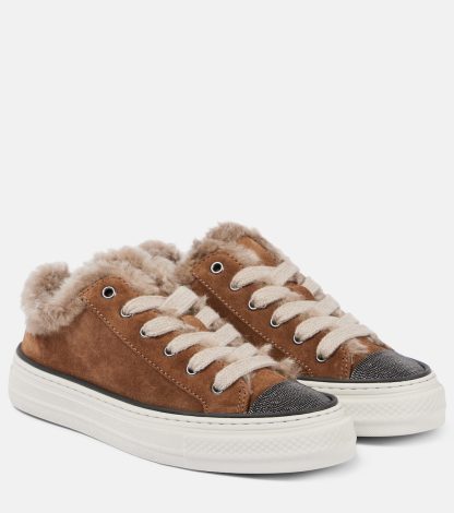 replica luxury Brunello Cucinelli Embellished suede and shearling sneakers in brown