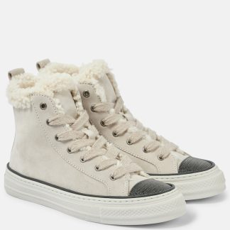 replica luxury Brunello Cucinelli Shearling-trimmed suede high-top sneakers in beige