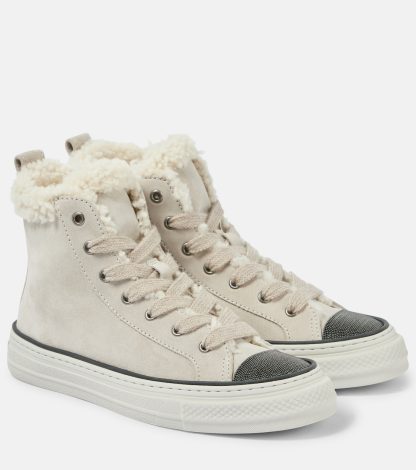 replica luxury Brunello Cucinelli Shearling-trimmed suede high-top sneakers in beige