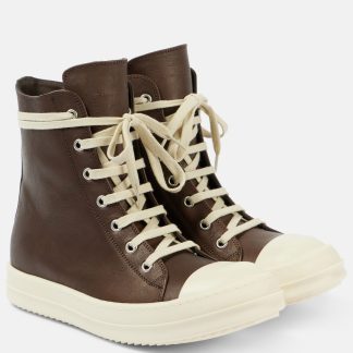 replica luxury Rick Owens Porterville leather high-top sneakers in brown