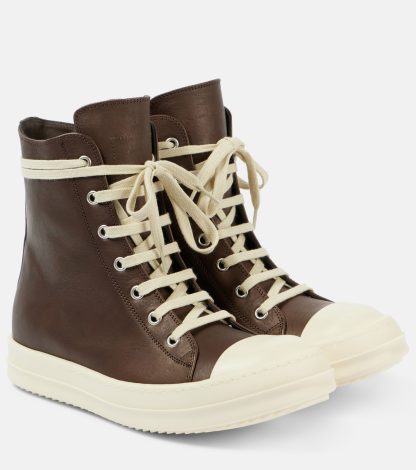 replica luxury Rick Owens Porterville leather high-top sneakers in brown