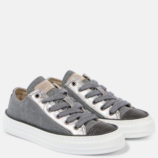 wholesale designer Brunello Cucinelli Beaded leather-trimmed canvas sneakers in grey