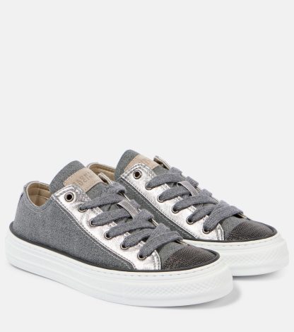 wholesale designer Brunello Cucinelli Beaded leather-trimmed canvas sneakers in grey