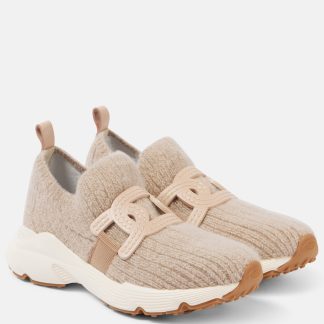 wholesale designer Tods Leather-trimmed knit sneakers in beige