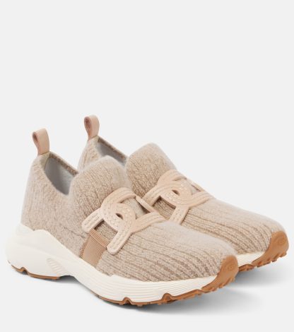 wholesale designer Tods Leather-trimmed knit sneakers in beige