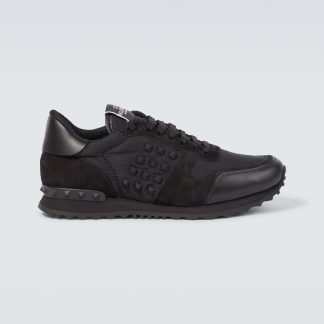 wholesale designer Valentino Garavani Rockstud leather-trimmed sneakers in black