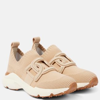 wholesale luxury Tods Leather-trimmed knit sneakers in beige